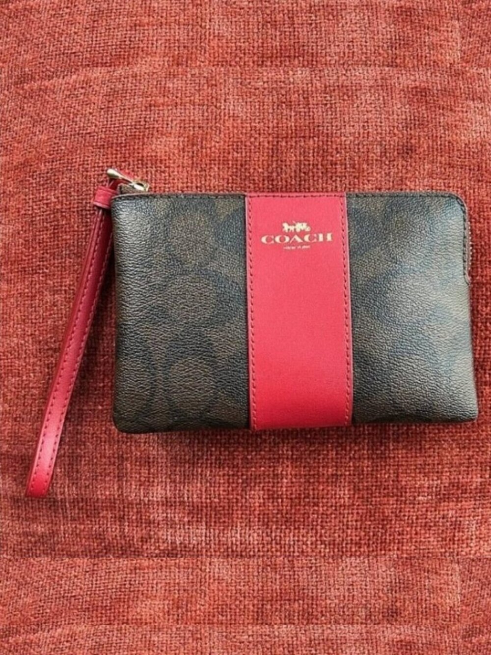COACH Corner Zip Wallet Wristlet, Brown and Red